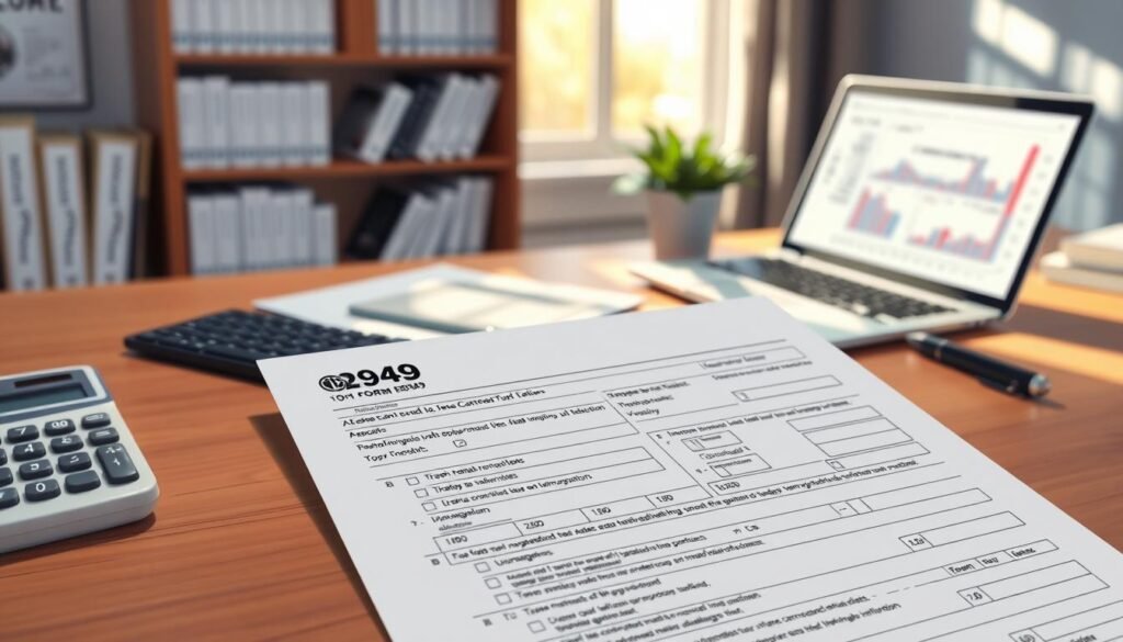 A clean, detailed illustration of IRS Form 8949, prominently displayed on a wooden desk. In the foreground, a neatly filled-out form with visible checkboxes, numerical entries, and sections for various transactions. The middle ground features an organized workspace, including a calculator, a pen, and a laptop displaying financial graphs. In the background, a blurred bookshelf filled with tax reference books and a small potted plant adds a touch of greenery. Soft, natural lighting streams in from a nearby window, casting gentle shadows that enhance the professional atmosphere. The overall mood should convey orderliness and diligence, reflecting the importance of accurate financial reporting in relation to digital asset transactions.