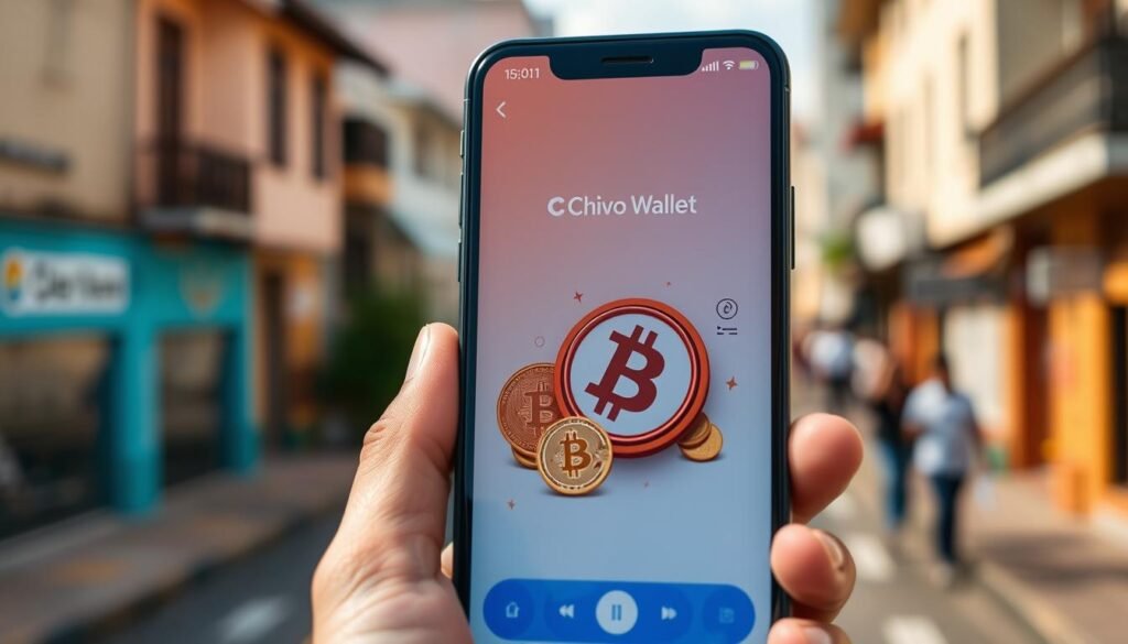 A close-up, detailed view of a smartphone displaying the Chivo Wallet app interface. The foreground features the smartphone held in a hand, showcasing the colorful and user-friendly design of the app. The middle ground includes coins and a digital representation of Bitcoin, symbolizing transactions and remittances. The background portrays a blurred urban setting in El Salvador, highlighting local landmarks subtly to evoke the country's cultural essence. Soft, natural lighting enhances the scene, creating an inviting atmosphere. The composition is shot from a slight angle to give depth, focusing on the smartphone's screen while preserving a professional and modern look. The overall mood is optimistic and innovative, reflecting the impact of digital finance in everyday life.