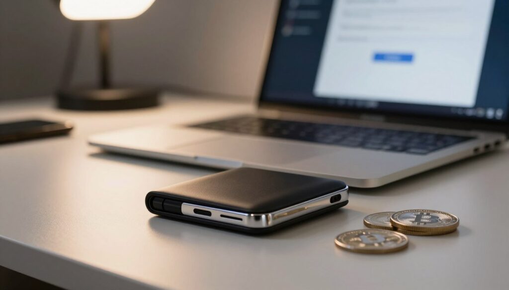 A close-up image of a modern hardware wallet resting on a sleek, minimalist desk. The wallet showcases a small, rectangular design with a black matte finish and a polished metal trim, reflecting soft light from an overhead lamp. In the foreground, the wallet is accompanied by a few cryptocurrency coins, symbolizing digital currency. The middle ground features a blurred laptop screen displaying a secure transaction interface, reinforcing the theme of security and cold storage. The background is softly blurred, hinting at a well-organized workspace with hints of technology, like a smartphone and cables. The overall mood is one of sophistication and security, with warm, inviting lighting that emphasizes a professional atmosphere. The angle is slightly tilted for a dynamic perspective, enhancing visual interest.