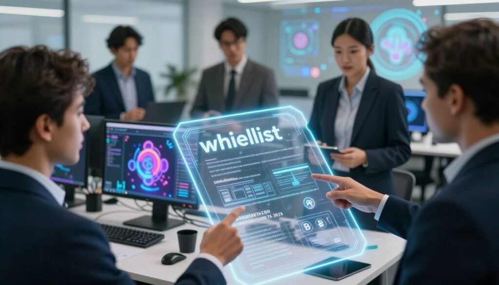 A close-up of a digital "whitelist" concept, prominently featuring a glowing, semi-transparent document with intricate blockchain patterns. In the foreground, a diverse group of professionals, dressed in smart business attire, are intently discussing the document, pointing at its details, showcasing excitement about NFT opportunities. The middle ground shows a sleek, modern workspace equipped with computers displaying vibrant NFT art on their screens. In the background, soft, diffuse lighting creates a tech-savvy atmosphere with abstract digital art and icons related to cryptocurrency and digital ownership. The overall mood is one of collaboration and innovation, emphasizing the strategic aspect of NFT whitelisting. The scene is well-composed using a slightly elevated angle for a dynamic perspective. A close-up of a digital "whitelist" concept, prominently featuring a glowing, semi-transparent document with intricate blockchain patterns. In the foreground, a diverse group of professionals, dressed in smart business attire, are intently discussing the document, pointing at its details, showcasing excitement about NFT opportunities. The middle ground shows a sleek, modern workspace equipped with computers displaying vibrant NFT art on their screens. In the background, soft, diffuse lighting creates a tech-savvy atmosphere with abstract digital art and icons related to cryptocurrency and digital ownership. The overall mood is one of collaboration and innovation, emphasizing the strategic aspect of NFT whitelisting. The scene is well-composed using a slightly elevated angle for a dynamic perspective.