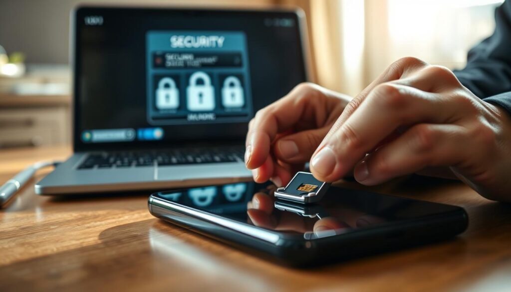 A close-up of a mobile phone lying on a wooden desk, with a concerned person's hands in a professional business attire, holding a security tool like a SIM card ejector. In the background, a blurred image of a laptop displaying security notifications and locks on the screen, symbolizing phone security. Soft, natural lighting streams in through a nearby window, creating a warm but serious atmosphere. The focus is sharply on the phone and the hands, evoking a sense of urgency and caution. The color palette includes subdued blues and greys, enhancing the professional tone of the image, while the composition suggests immediate action to safeguard against SIM card swapping threats. A close-up of a mobile phone lying on a wooden desk, with a concerned person's hands in a professional business attire, holding a security tool like a SIM card ejector. In the background, a blurred image of a laptop displaying security notifications and locks on the screen, symbolizing phone security. Soft, natural lighting streams in through a nearby window, creating a warm but serious atmosphere. The focus is sharply on the phone and the hands, evoking a sense of urgency and caution. The color palette includes subdued blues and greys, enhancing the professional tone of the image, while the composition suggests immediate action to safeguard against SIM card swapping threats.