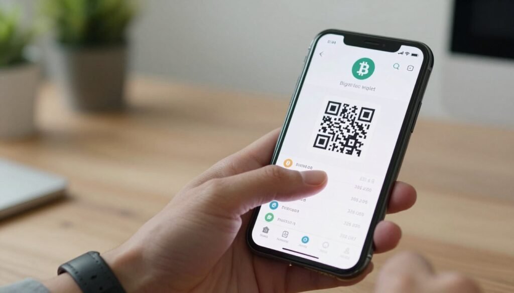 A close-up of a smartphone screen displaying a digital Bitcoin wallet interface, showcasing a clear QR code for receiving payments and a transaction history filled with icons and numbers. In the foreground, a stylized hand (wearing a watch) is holding the phone, mid-action, as if about to scan a QR code. The background features a modern, minimalistic workspace with a wooden desk and subtle greenery, conveying a calm and professional atmosphere. Soft, natural lighting emphasizes the screen’s details, with a slight bokeh effect around the edges to keep the focus on the wallet interface. The overall mood is secure, organized, and user-friendly, reflecting the everyday experience of managing cryptocurrency transactions.