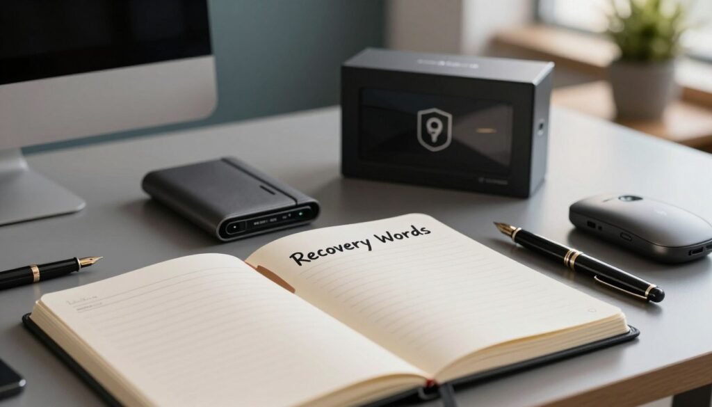 A close-up perspective of a professional and secure workspace featuring a sleek, modern desk. In the foreground, a high-quality notebook with the words "Recovery Words" handwritten on a neatly organized page. The notebook is open, surrounded by elegant stationery, like a polished fountain pen and a tech-savvy gadget. In the middle ground, a digital hardware wallet and a secure, stylish box specifically designed for backup storage, subtly reflecting the theme of security. The background showcases a serene and softly lit office environment with calming colors, perhaps a small indoor plant for a touch of nature. The lighting is warm and inviting, creating a mood of trust and security, with a slight depth of field emphasizing the foreground elements.
