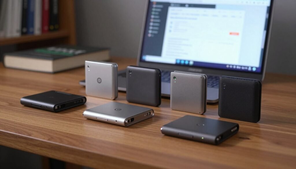 A close-up scene featuring a collection of sleek hardware wallets, each uniquely designed with modern aesthetics, arranged neatly on a polished wooden desk. In the foreground, highlight the metallic finishes and subtle LED indicators of the wallets. The middle ground showcases a laptop screen displaying a blockchain interface, with open software applications relevant to cryptocurrency management. The background features blurred shelves filled with books about digital security and cryptocurrency. Soft, ambient lighting illuminates the scene, casting gentle reflections on the hardware wallets. The mood is professional and tech-savvy, suggesting a secure environment for cryptocurrency management, perfect for readers preparing for a multi-signature wallet setup. A close-up scene featuring a collection of sleek hardware wallets, each uniquely designed with modern aesthetics, arranged neatly on a polished wooden desk. In the foreground, highlight the metallic finishes and subtle LED indicators of the wallets. The middle ground showcases a laptop screen displaying a blockchain interface, with open software applications relevant to cryptocurrency management. The background features blurred shelves filled with books about digital security and cryptocurrency. Soft, ambient lighting illuminates the scene, casting gentle reflections on the hardware wallets. The mood is professional and tech-savvy, suggesting a secure environment for cryptocurrency management, perfect for readers preparing for a multi-signature wallet setup.