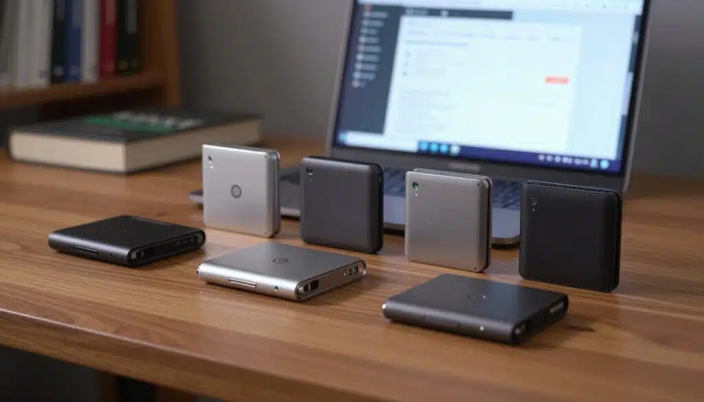 A close-up scene featuring a collection of sleek hardware wallets, each uniquely designed with modern aesthetics, arranged neatly on a polished wooden desk. In the foreground, highlight the metallic finishes and subtle LED indicators of the wallets. The middle ground showcases a laptop screen displaying a blockchain interface, with open software applications relevant to cryptocurrency management. The background features blurred shelves filled with books about digital security and cryptocurrency. Soft, ambient lighting illuminates the scene, casting gentle reflections on the hardware wallets. The mood is professional and tech-savvy, suggesting a secure environment for cryptocurrency management, perfect for readers preparing for a multi-signature wallet setup.