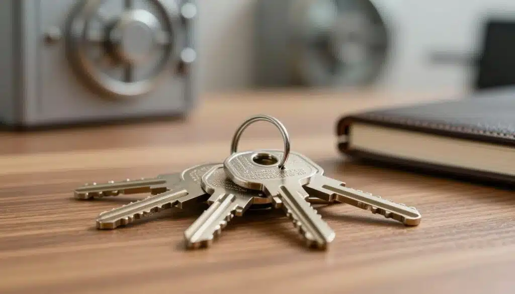 A close-up shot of a professional workspace, showcasing a neatly arranged set of seed backup keys resting on a wooden desk. The keys should appear sturdy and metallic, emphasized with a soft, warm light, casting subtle shadows for depth. In the background, blurred elements of a minimalist environment—perhaps a vault or a secure cabinet—representing safety and security. A high-resolution macro lens perspective enhances the fine details of the keys, while a hint of texture from a leather notebook lies beside them. The atmosphere conveys a sense of trust and protection, evoking a feeling of reliability in safeguarding essential information. No human subjects are present in the image.