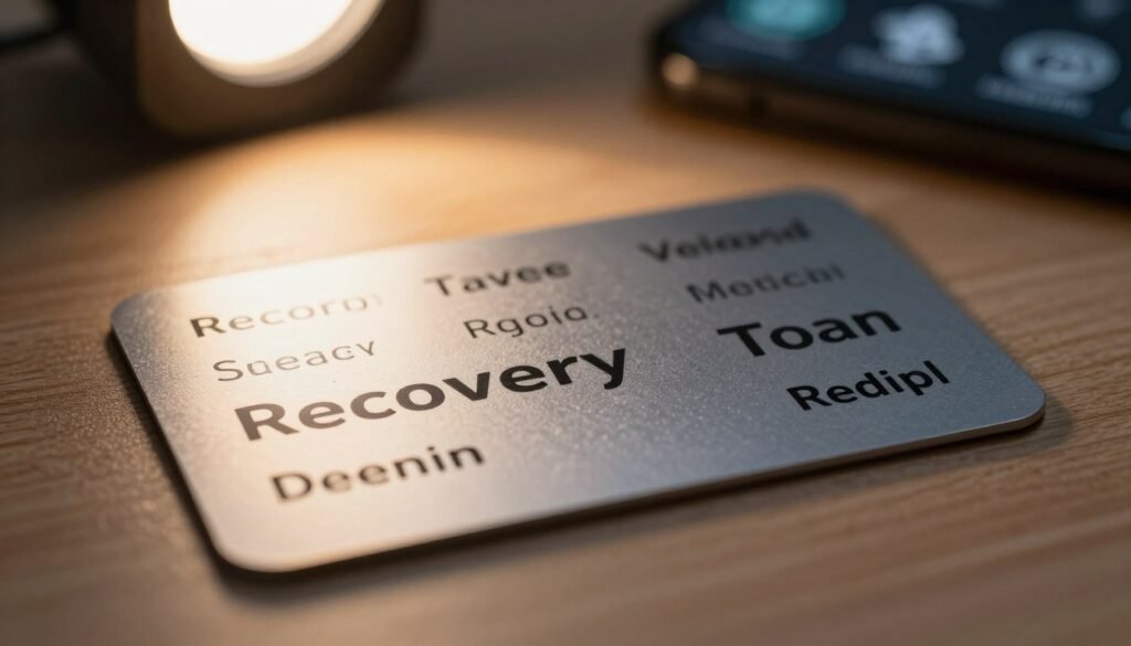 A close-up shot of a recovery seed phrase, depicted as a beautifully arranged set of twelve distinct words written on a sleek metallic card. The foreground features the card placed on a soft, textured surface such as a wooden table, with gentle shadows enhancing its depth. In the middle ground, a warm light source creates a soft glow around the card, reflecting off its polished surface, evoking a sense of security and trust. The background is softly blurred, suggesting hints of cryptocurrency icons and digital wallet interfaces, adding context without distraction. The overall atmosphere is calm and professional, conveying the importance of safeguarding cryptocurrency assets. The lighting is warm, emphasizing the details of the words and the luxurious feel of the card. A close-up shot of a recovery seed phrase, depicted as a beautifully arranged set of twelve distinct words written on a sleek metallic card. The foreground features the card placed on a soft, textured surface such as a wooden table, with gentle shadows enhancing its depth. In the middle ground, a warm light source creates a soft glow around the card, reflecting off its polished surface, evoking a sense of security and trust. The background is softly blurred, suggesting hints of cryptocurrency icons and digital wallet interfaces, adding context without distraction. The overall atmosphere is calm and professional, conveying the importance of safeguarding cryptocurrency assets. The lighting is warm, emphasizing the details of the words and the luxurious feel of the card.