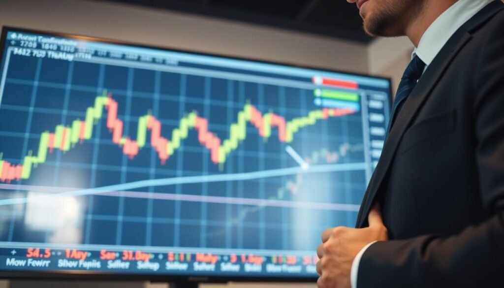 A close-up view of a business professional analyzing a stock market chart on a large screen, highlighting a head and shoulders pattern with clear signals of neckline confirmation. In the foreground, the professional, dressed in a tailored suit, is pointing at the chart with a stylus, showcasing focused expression and attentive posture. The middle ground features the glowing chart displaying candlestick patterns and arrows indicating confirmation signals around the neckline area. In the background, a modern office setting with soft, diffused lighting creates a calm atmosphere, enhancing the serious analysis vibe. The angle captures the professionalism and dedication to technical analysis, aimed to resonate with investors seeking reliable confirmation signals in their trading strategies.