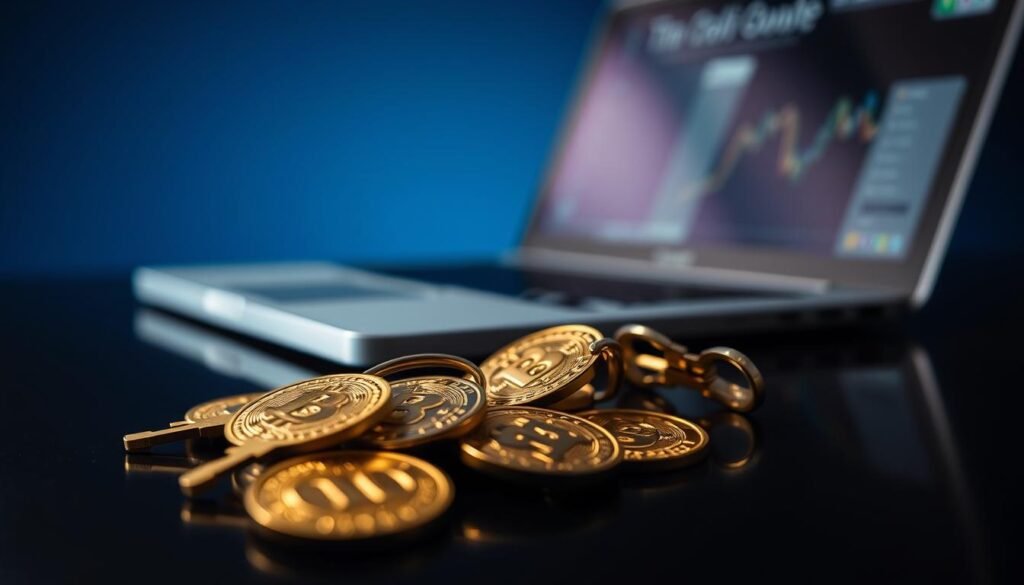 A close-up view of a cluster of shiny, gold private keys lying on a dark, reflective surface, symbolizing digital ownership and self-custody. In the foreground, focus on the intricate designs of the keys, highlighting their unique shapes and patterns. The middle ground includes a blurred laptop partially open, signifying tech and financial security. The background features soft, ambient lighting, creating a calm and professional atmosphere with a gentle gradient fading from deep blue to black. The scene is framed with a narrow depth of field, giving it a polished, modern feel, ideal for conveying the importance of compliance in self-custody regulations.