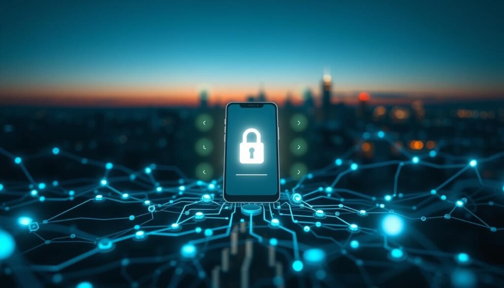 A close-up view of a complex digital network, illustrating the concept of SIM swap protection. In the foreground, a series of interconnected circuit lines and nodes represent network data flow, glowing in shades of blue and green to convey technological sophistication. The middle section features a stylized smartphone with a lock icon on the screen, surrounded by holographic elements that symbolize security alerts, emphasizing vigilance against SIM swaps. In the background, a faint city skyline is illuminated at dusk, creating a sense of connection and modernity. The lighting is moody yet focused, with soft glows highlighting key elements, portraying a serious but hopeful atmosphere of cybersecurity awareness. The scene is designed without any distractions or text, ensuring the concept remains clear and impactful. A close-up view of a complex digital network, illustrating the concept of SIM swap protection. In the foreground, a series of interconnected circuit lines and nodes represent network data flow, glowing in shades of blue and green to convey technological sophistication. The middle section features a stylized smartphone with a lock icon on the screen, surrounded by holographic elements that symbolize security alerts, emphasizing vigilance against SIM swaps. In the background, a faint city skyline is illuminated at dusk, creating a sense of connection and modernity. The lighting is moody yet focused, with soft glows highlighting key elements, portraying a serious but hopeful atmosphere of cybersecurity awareness. The scene is designed without any distractions or text, ensuring the concept remains clear and impactful.