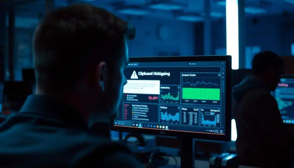 A close-up view of a computer screen displaying an alert message about clipboard hijacking, situated in a dimly lit office environment. In the foreground, a focused cybersecurity analyst in professional attire examines the screen, their face illuminated by the glow of the monitor. The middle ground features an array of diagnostic tools and software windows open on the desktop, with graphs and charts indicating unusual activity. In the background, blurred silhouettes of tech equipment and monitors hint at a high-tech workspace. The atmosphere conveys a sense of urgency and professionalism, with cool blue lighting to emphasize a serious tone, enhancing the theme of detection and diagnostics in cybersecurity.