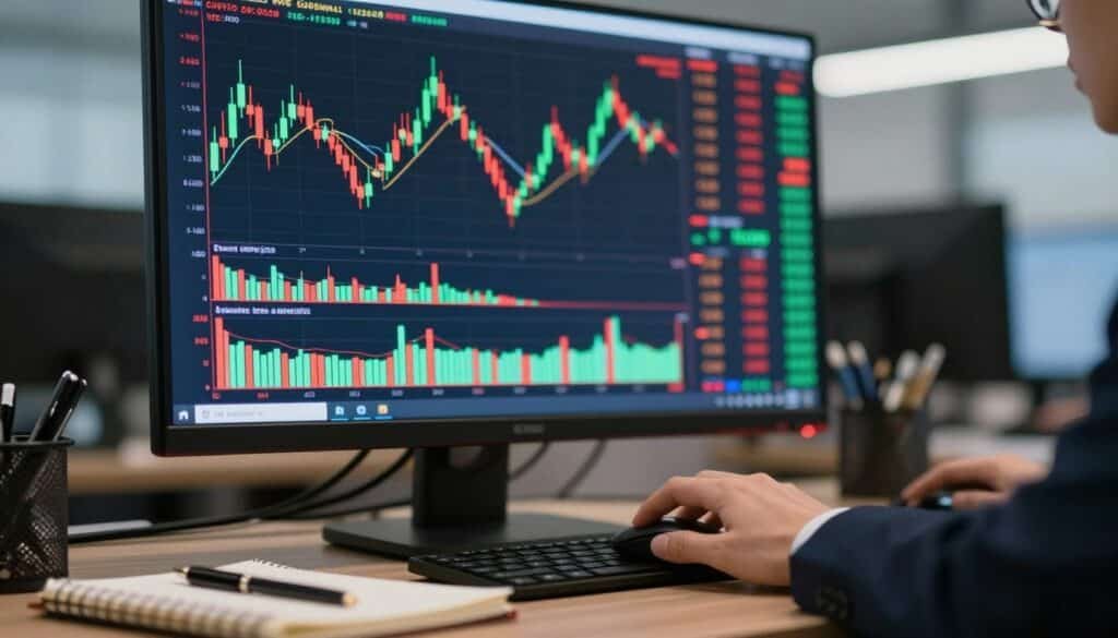 A close-up view of a cryptocurrency trading chart on a sleek computer screen, displaying vibrant candlestick patterns with clear volume bars below them. In the foreground, a hand in a professional business suit hovers over the mouse, poised to click, with a notebook and pen beside the keyboard, indicating active analysis. The middle ground features the glowing screen filled with bright greens and reds, symbolizing price fluctuations, and detailed volume metrics. In the background, a blurred office environment with soft, ambient lighting, creating a focused yet dynamic atmosphere. The overall mood is analytical and energetic, emphasizing the importance of volume in understanding price action.