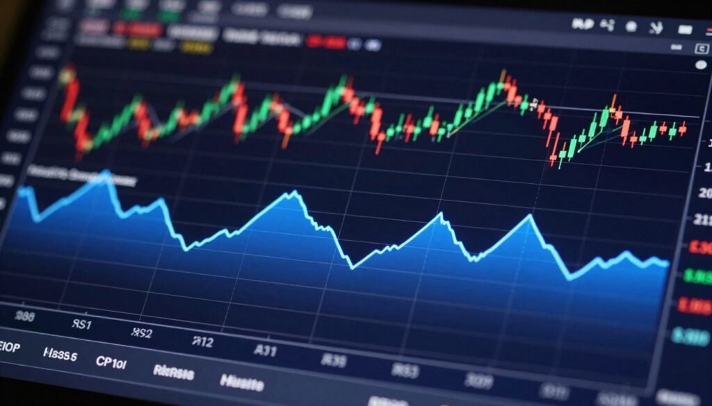 A close-up view of a digital cryptocurrency trading chart displaying the Relative Strength Index (RSI) indicator prominently. In the foreground, the RSI line is clearly visible, oscillating within the established boundaries, colored in a vivid blue. The middle layer features various candlestick patterns representing cryptocurrency prices, with distinct green and red candles, indicating market trends. The background showcases a sleek, modern trading interface with grid lines and data analytics, all bathed in soft, ambient lighting to create a professional atmosphere. The image conveys a sense of focus and sophistication, emphasizing the analytical nature of crypto trading. The perspective is slightly angled from above, providing a comprehensive view of the chart while excluding any text or graphical overlays.