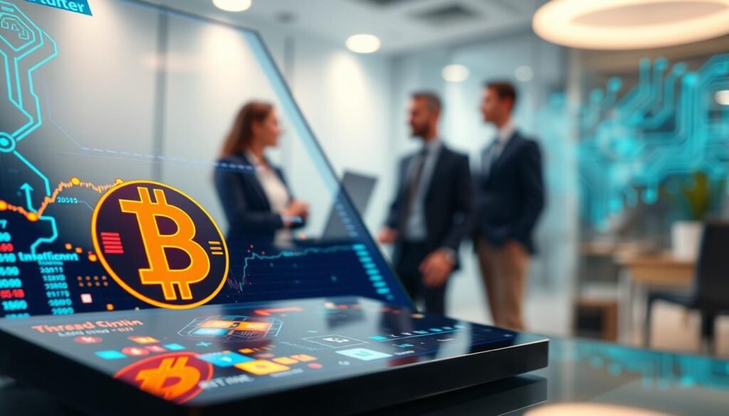 A close-up view of a digital currency ledger displayed on a sleek, transparent touchscreen interface, showcasing vibrant, glowing cryptocurrency icons like Bitcoin and Ethereum. In the foreground, the interface is detailed with intricate graphics representing transactions in real-time, pulsing with energy. The middle background features a blurred office setting with professionals in business attire, discussing financial strategies. The background is softly lit, creating a modern and sophisticated atmosphere with a hint of futuristic elements, like circuit patterns in soft blue and green tones. The lighting is bright but balanced, emphasizing the high-tech feel of the digital ledger. The lens angle captures the ledger directly, drawing attention to the dynamic interplay between technology and currency. This image should evoke a sense of innovation and clarity in financial technology.