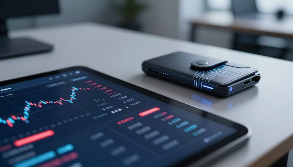 A close-up view of a digital display showcasing advanced AI-driven fraud detection algorithms for wallet transactions. In the foreground, an interactive user interface features charts and graphs, displaying real-time transaction alerts highlighting potential fraud, with glowing red indicators for suspicious activity. The middle ground shows a sleek, modern crypto wallet device sitting on a polished desk, with luminous circuit patterns to indicate security features. The background consists of a blurred office environment with soft, focused lighting that creates a professional atmosphere. The scene captures a sense of vigilance and security, emphasizing the technological sophistication of AI in monitoring and safeguarding financial assets. The angle is a dynamic 45-degree view, evoking a feeling of proactive defense against threats. A close-up view of a digital display showcasing advanced AI-driven fraud detection algorithms for wallet transactions. In the foreground, an interactive user interface features charts and graphs, displaying real-time transaction alerts highlighting potential fraud, with glowing red indicators for suspicious activity. The middle ground shows a sleek, modern crypto wallet device sitting on a polished desk, with luminous circuit patterns to indicate security features. The background consists of a blurred office environment with soft, focused lighting that creates a professional atmosphere. The scene captures a sense of vigilance and security, emphasizing the technological sophistication of AI in monitoring and safeguarding financial assets. The angle is a dynamic 45-degree view, evoking a feeling of proactive defense against threats.