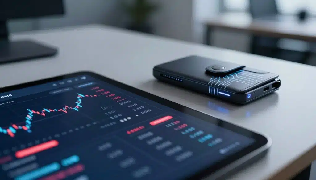 A close-up view of a digital display showcasing advanced AI-driven fraud detection algorithms for wallet transactions. In the foreground, an interactive user interface features charts and graphs, displaying real-time transaction alerts highlighting potential fraud, with glowing red indicators for suspicious activity. The middle ground shows a sleek, modern crypto wallet device sitting on a polished desk, with luminous circuit patterns to indicate security features. The background consists of a blurred office environment with soft, focused lighting that creates a professional atmosphere. The scene captures a sense of vigilance and security, emphasizing the technological sophistication of AI in monitoring and safeguarding financial assets. The angle is a dynamic 45-degree view, evoking a feeling of proactive defense against threats.