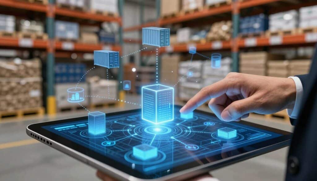 A close-up view of a digital ledger on a sleek tablet, showcasing interconnected blocks symbolizing a blockchain network. In the foreground, a professional dressed in business attire points to a specific block on the screen, signifying traceability. The middle ground features various supply chain elements, such as shipping containers and raw materials, illustrated through transparent overlays connected by dotted lines. The background presents a modern warehouse environment with shelves neatly organized, enhancing the sense of order and efficiency. Soft, warm lighting highlights the tablet while creating a contrast with the cool, blue tones of the blockchain graphics. The atmosphere is one of clarity and innovation, emphasizing the seamless flow of information in supply chain management.