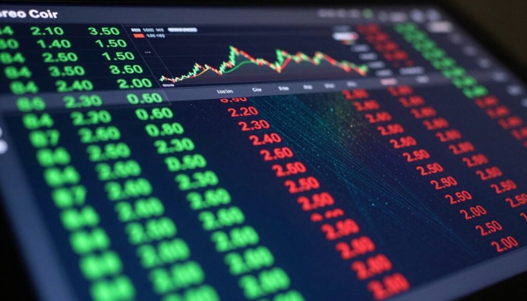 A close-up view of a digital order book interface displaying real-time bid and ask prices for cryptocurrency trading. In the foreground, focus on vibrant green bids and bold red asks, clearly separated in a sleek, modern design. The middle layer showcases a user interface with graphs and charts, emphasizing market depth and liquidity, featuring a gradient background filled with abstract tech patterns that evoke a sense of advanced technology. Soft ambient lighting highlights the digital elements, creating a professional atmosphere. The perspective is slightly angled from above, simulating the experience of a trader analyzing their options. The overall mood is focused, analytical, and dynamic, perfect for embodying the essence of crypto trading fundamentals.