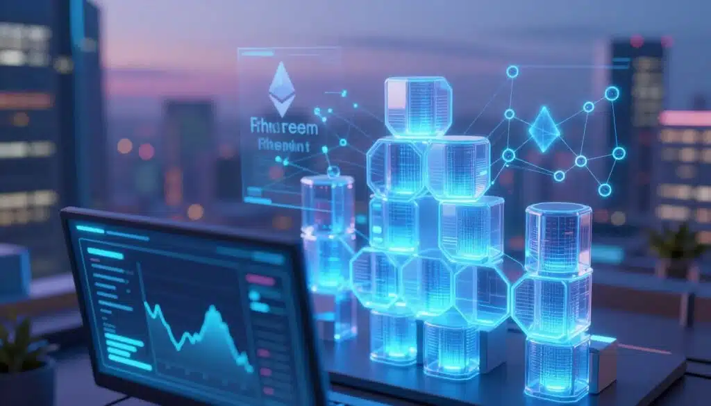 A close-up view of a digital representation of gas units, visually portrayed as glowing hexagonal blocks stacked in a modern, abstract design. The foreground features a computer-style interface with interactive elements illustrating gas fees associated with NFT transactions, showing fluctuating charts. The middle ground includes a holographic display of the Ethereum logo and blockchain nodes connected with radiant lines, symbolizing connectivity and transaction flow. The background consists of a futuristic, slightly blurred urban skyline at dusk, with cool blues and purples in the lighting, creating a high-tech atmosphere. The overall mood is informative yet dynamic, emphasizing the complexity and fluidity of gas fees in the NFT marketplace, captured from a slightly elevated angle to provide depth. A close-up view of a digital representation of gas units, visually portrayed as glowing hexagonal blocks stacked in a modern, abstract design. The foreground features a computer-style interface with interactive elements illustrating gas fees associated with NFT transactions, showing fluctuating charts. The middle ground includes a holographic display of the Ethereum logo and blockchain nodes connected with radiant lines, symbolizing connectivity and transaction flow. The background consists of a futuristic, slightly blurred urban skyline at dusk, with cool blues and purples in the lighting, creating a high-tech atmosphere. The overall mood is informative yet dynamic, emphasizing the complexity and fluidity of gas fees in the NFT marketplace, captured from a slightly elevated angle to provide depth.