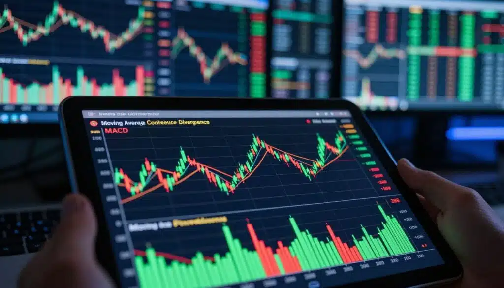 A close-up view of a digital screen displaying the Moving Average Convergence Divergence (MACD) indicator chart in vibrant colors, symbolizing the analysis used by crypto traders. In the foreground, a hand holding a tablet showcases various MACD lines and histogram, with green and red signals prominently featured. The middle layer presents blurred candlestick charts and trend lines, indicating market movements, while the background features a futuristic trading room setting with multiple screens showing cryptocurrencies, dimly lit with blue and green ambient lighting. The atmosphere feels analytical and tech-savvy, reflecting an environment focused on strategic trading decisions in the cryptocurrency market.