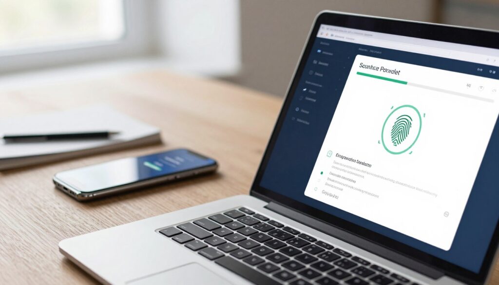 A close-up view of a digital software wallet interface displayed on a sleek laptop screen, set on a modern wooden desk. In the foreground, focus on the wallet application showcasing security features like biometric authentication and encryption settings, with a fingerprint scanner icon highlighted. In the middle ground, include a smartphone displaying notification alerts regarding security updates. In the background, softly blurred tech gadgets such as a pen and notepad suggest a workspace environment. The lighting is bright and professional, filtering in from a nearby window, adding a subtle glow to the screen. The atmosphere is secure and innovative, reflecting advanced technology in a business setting.