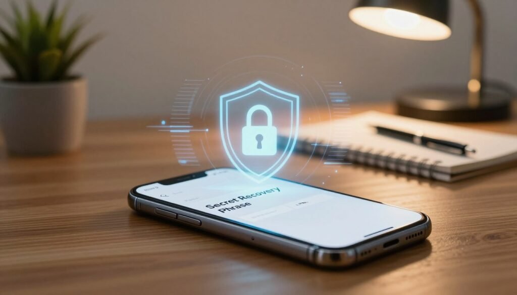 A close-up view of a digital wallet interface displaying a "Secret Recovery Phrase" in an inviting, secure environment. In the foreground, a sleek smartphone rests on a wooden desk, its screen glowing softly with the recovery phrase clearly visible. The middle layer features security elements like a lock icon and digital shield graphics, representing online safety. In the background, a softly blurred workspace reveals a small potted plant and a notepad, enhancing a sense of calm and professionalism. The lighting is warm and inviting, coming from a desk lamp, with a focus on the phone. The overall mood is reassuring, emphasizing the importance of security and privacy.