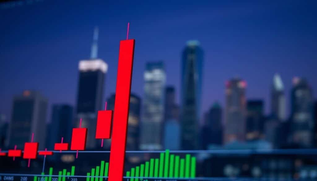 A close-up view of a financial candlestick chart displaying a distinct bearish reversal candlestick pattern at the top of an upward trend. The bearish candle, colored in deep red, is positioned prominently in the foreground, contrasted against smaller green bullish candles on either side. In the middle ground, the candlestick chart grid is visible, showcasing price movements and volume indicators that suggest selling pressure. The background features a softly blurred out city skyline that symbolizes the cryptocurrency market. The scene is illuminated with dramatic lighting, emphasizing the bearish candle and its surroundings, creating a tense and serious atmosphere that captures the essence of market speculation. The angle is slightly tilted for a dynamic perspective, reflecting the urgency of understanding market trends.