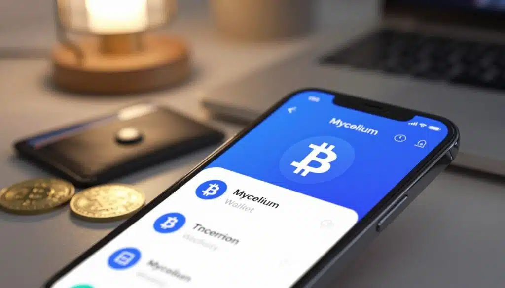 A close-up view of a modern Bitcoin wallet interface displayed on a sleek smartphone, set against a soft-focus, tech-themed background. In the foreground, highlight the vibrant screen showcasing the Mycelium wallet application, with animated transaction features and a visually appealing Bitcoin symbol. In the middle, integrate subtle card wallets and cryptocurrency coins, symbolizing the various forms of wallets available. The background is softly blurred, featuring a workspace ambiance with warm, soft lighting from a nearby desk lamp, creating an inviting atmosphere. Use a shallow depth of field to emphasize the wallet app, and capture the scene with a slight downward angle to suggest a focused examination of the wallet’s functionalities. Aim for a professional yet engaging mood that highlights security and user-friendliness.