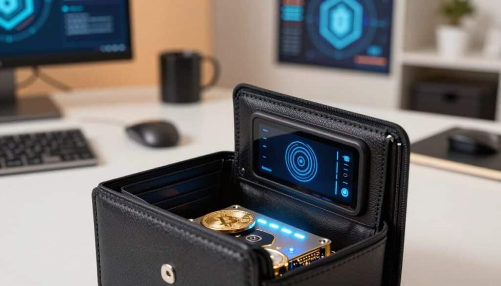 A close-up view of a modern cold storage wallet, prominently displaying its intricate security features such as biometric scanners, encryption keys, and a secure digital interface. In the foreground, the wallet is opened, revealing advanced hardware with LED lights indicating active encryption processes. The middle ground features a blurred workspace environment, highlighting a sleek, minimalist desk with high-tech gadgets and a cryptographic security manual. The background showcases a stylish, well-lit office setting with abstract digital security graphics and a warm, inviting color palette. The lighting is soft and focused, creating a professional atmosphere. Emphasize a sense of trust and security, evoking the importance of asset protection in the cryptocurrency realm. A close-up view of a modern cold storage wallet, prominently displaying its intricate security features such as biometric scanners, encryption keys, and a secure digital interface. In the foreground, the wallet is opened, revealing advanced hardware with LED lights indicating active encryption processes. The middle ground features a blurred workspace environment, highlighting a sleek, minimalist desk with high-tech gadgets and a cryptographic security manual. The background showcases a stylish, well-lit office setting with abstract digital security graphics and a warm, inviting color palette. The lighting is soft and focused, creating a professional atmosphere. Emphasize a sense of trust and security, evoking the importance of asset protection in the cryptocurrency realm.