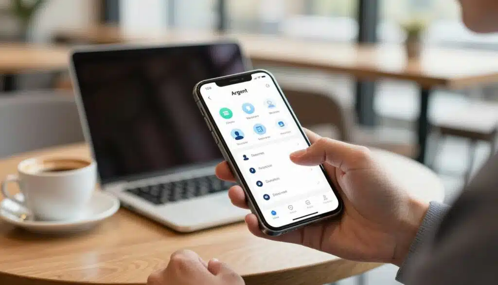 A close-up view of a modern smartphone displaying the Argent wallet interface, prominently featuring user-friendly icons and transaction options. In the foreground, a hand in professional business attire holds the phone, fingers poised as if about to select an option, symbolizing ease of use. The middle ground shows a softly blurred view of a stylish café table with a laptop and a coffee cup, suggesting a vibrant workspace. In the background, there are hints of a bright, inviting office atmosphere with natural light streaming in, emphasizing a productive mood. The color palette is warm and inviting, balancing technology and daily life, enhancing the concept of seamless everyday transactions. The camera angle is slightly elevated, providing a dynamic perspective on the interaction with the wallet. A close-up view of a modern smartphone displaying the Argent wallet interface, prominently featuring user-friendly icons and transaction options. In the foreground, a hand in professional business attire holds the phone, fingers poised as if about to select an option, symbolizing ease of use. The middle ground shows a softly blurred view of a stylish café table with a laptop and a coffee cup, suggesting a vibrant workspace. In the background, there are hints of a bright, inviting office atmosphere with natural light streaming in, emphasizing a productive mood. The color palette is warm and inviting, balancing technology and daily life, enhancing the concept of seamless everyday transactions. The camera angle is slightly elevated, providing a dynamic perspective on the interaction with the wallet.