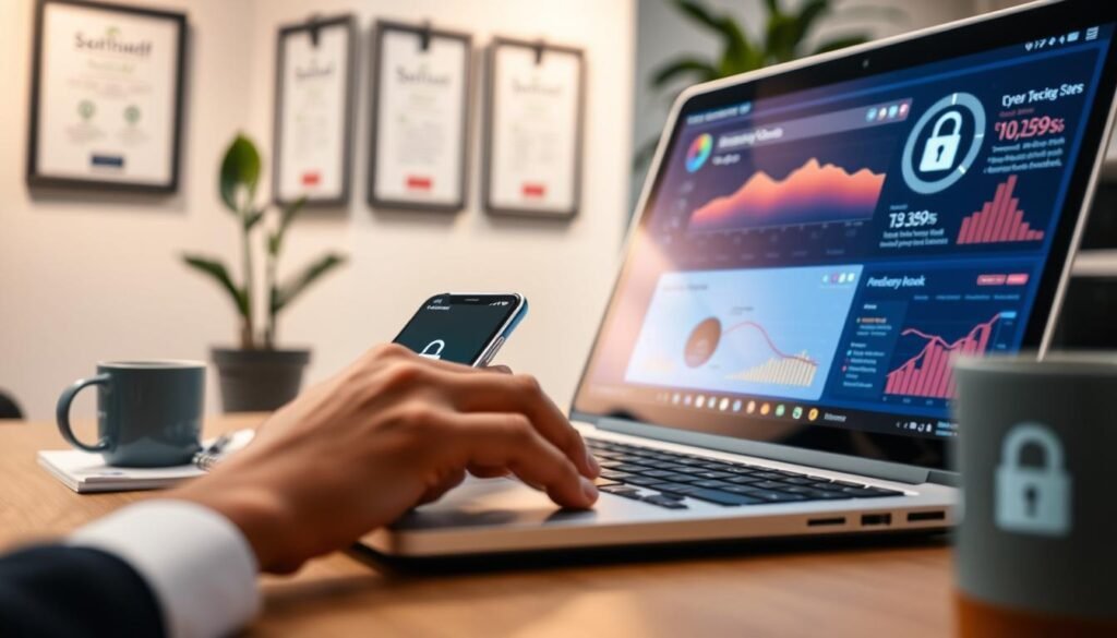 A close-up view of a modern workspace focused on app security, featuring a sleek laptop displaying a layered cybersecurity interface, colorful graphs, and digital alerts. In the foreground, a pair of hands in professional attire is actively typing on the keyboard, symbolizing vigilance. The middle ground showcases a smartphone with a prominent lock icon, while a notepad and a coffee mug hint at a productive environment. The background includes a soft-focus wall with framed cybersecurity certifications and a plant, creating a calming atmosphere. The lighting is bright yet warm, accentuating the focus on technology, conveying a sense of security and professionalism. The overall mood is alert and proactive, emphasizing the importance of safeguarding devices and applications.