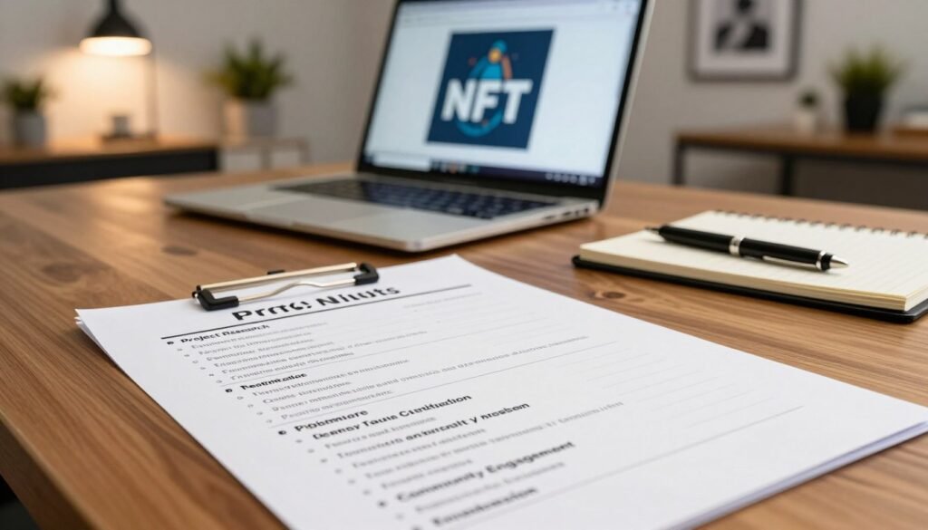 A close-up view of a pre-mint checklist for NFTs, laid out on a sleek wooden desk. In the foreground, the checklist features detailed bullet points with categories such as "Project Research," "Team Verification," and "Community Engagement." The middle ground showcases a laptop displaying NFT artwork on the screen, alongside a stylish pen and a notepad. In the background, soft ambient lighting illuminates the scene, creating a professional and focused atmosphere. The room is filled with modern decor, including plants and framed art. The angle is slightly tilted, providing depth, while the overall mood conveys a sense of diligence and preparation, perfect for anyone navigating the NFT space.