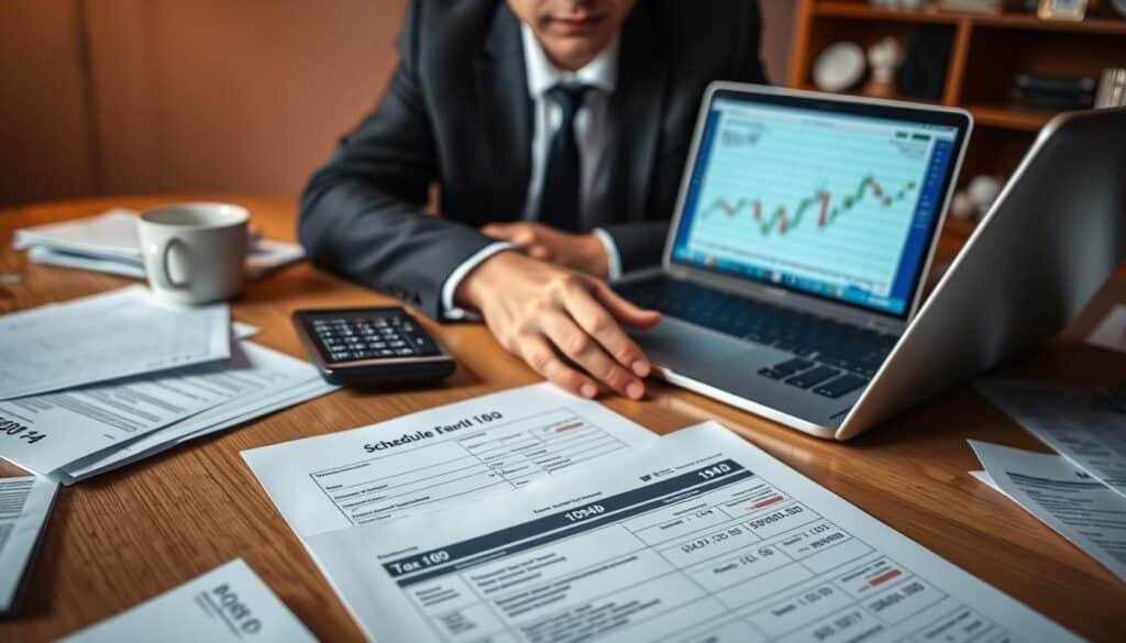 A close-up view of a professional workspace featuring a person in business attire sitting at a wooden desk, surrounded by tax documents, including a Schedule D form 1040 prominently displayed. The individual is focused, reviewing the papers with a calculator and a laptop open, showing a chart of cryptocurrency transactions on the screen. In the background, soft, warm lighting casts a cozy glow, enhancing the concentration. Papers, tax receipts, and a coffee mug create a realistic, inviting atmosphere. The setting conveys a sense of diligence and organization, essential for handling 1099-b crypto taxes. The angle captures both the individual’s focused expression and the intricate details of the tax documents, illustrating the importance of meticulous reconciliation. A close-up view of a professional workspace featuring a person in business attire sitting at a wooden desk, surrounded by tax documents, including a Schedule D form 1040 prominently displayed. The individual is focused, reviewing the papers with a calculator and a laptop open, showing a chart of cryptocurrency transactions on the screen. In the background, soft, warm lighting casts a cozy glow, enhancing the concentration. Papers, tax receipts, and a coffee mug create a realistic, inviting atmosphere. The setting conveys a sense of diligence and organization, essential for handling 1099-b crypto taxes. The angle captures both the individual’s focused expression and the intricate details of the tax documents, illustrating the importance of meticulous reconciliation.