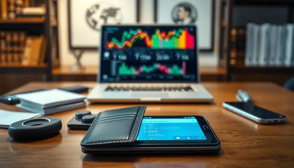 A close-up view of a self-hosted wallet, showcasing its sleek, modern design on a wooden desk. In the foreground, the wallet opens with a digital interface displaying transaction details, glowing subtly with blue and green light. Scattered around the wallet are security-related items like a fingerprint scanner and a smartphone. In the middle ground, there is a blurred laptop screen with abstract cryptocurrency graphs, hinting at financial analysis. The background is softly lit, featuring shelves of legal books and framed artwork, suggesting a sophisticated workspace. The overall atmosphere conveys a sense of professionalism and trust in the evolving digital finance landscape, with gentle lighting enhancing the image's clarity and focus. A close-up view of a self-hosted wallet, showcasing its sleek, modern design on a wooden desk. In the foreground, the wallet opens with a digital interface displaying transaction details, glowing subtly with blue and green light. Scattered around the wallet are security-related items like a fingerprint scanner and a smartphone. In the middle ground, there is a blurred laptop screen with abstract cryptocurrency graphs, hinting at financial analysis. The background is softly lit, featuring shelves of legal books and framed artwork, suggesting a sophisticated workspace. The overall atmosphere conveys a sense of professionalism and trust in the evolving digital finance landscape, with gentle lighting enhancing the image's clarity and focus.