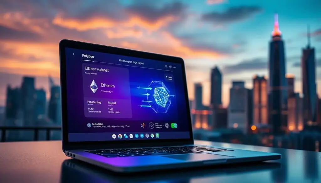 A close-up view of a sleek and modern digital wallet interface, showcasing the bridge functionality between Ethereum Mainnet and Polygon zkEVM. In the foreground, display an elegant laptop with a vibrant screen showing transaction details, including Ethereum and Polygon logos. The middle layer features glowing digital assets transitioning between networks, with animated arrows symbolizing movement. In the background, softly blurred skyscrapers representing a futuristic city skyline under a twilight sky, casting a warm ambient glow. Subtle lighting emphasizes the wallet's interface, highlighting its usability and security. The overall mood is innovative and tech-driven, reflecting the future of blockchain finance without any text or distractions.