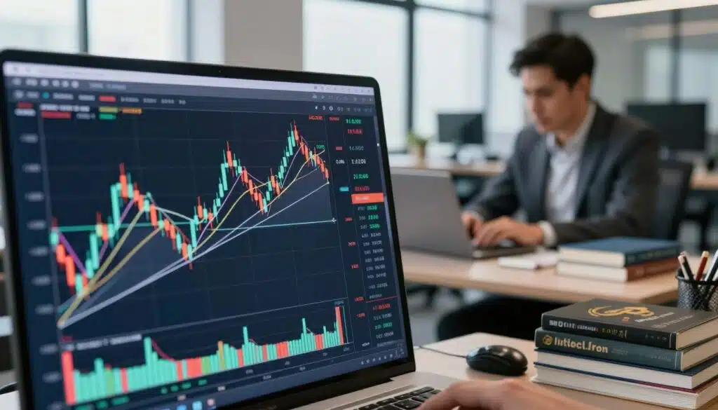 A close-up view of a sleek digital screen displaying a Fibonacci retracement chart in the context of cryptocurrency analysis. In the foreground, vibrant candlestick graphs illustrating recent price movements, layered with semi-transparent Fibonacci lines highlighting key retracement levels. In the middle ground, a professional analyst in modest business attire is thoughtfully reviewing the chart on a laptop, surrounded by stacks of crypto-related books and tools. The background features a stylish modern office with sleek furniture and large windows allowing natural light to illuminate the scene, creating a focused and analytical atmosphere. The image should convey a sense of professionalism and clarity, making it suitable for an educational context.