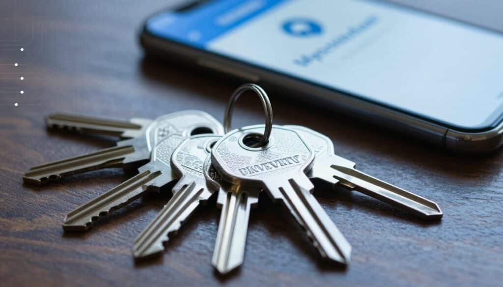 A close-up view of an array of keys, each designed with intricate patterns and textures representing security and privacy. In the foreground, the keys are elegantly arranged on a polished wooden surface, reflecting soft ambient lighting that highlights their metallic luster. The middle ground showcases a subtle blur of a smartphone displaying the Mycelium Wallet interface, suggesting its connection to the keys. In the background, a faint, abstract representation of technological elements, like circuit patterns, creates a sense of digital security and innovation. The atmosphere is professional and secure, with a cool color palette of blues and greys, evoking trust and confidentiality. The shot is taken with a 50mm lens to emphasize the details of the keys while softly blurring the background.