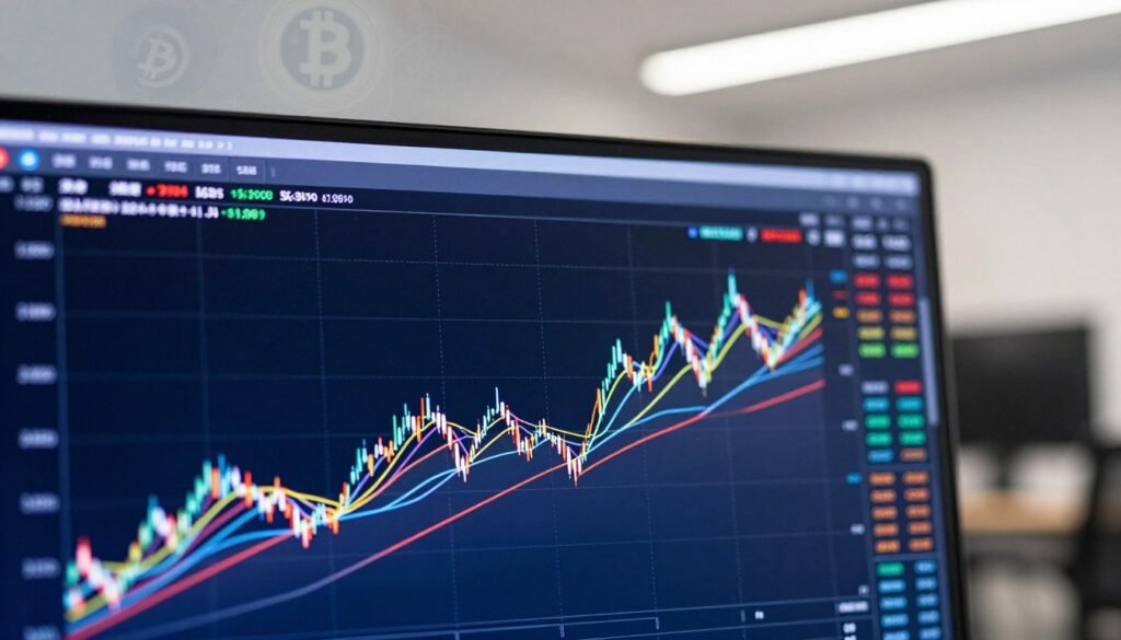 A close-up visualization of a moving average chart featured prominently in the foreground, with colorful lines representing various moving averages (simple, exponential) intersecting across a dark blue background. The middle layer includes a digital trading platform interface, displaying candlestick charts and cryptocurrency prices in soft neon colors, creating a vibrant glow. The background is a sleek, modern office setting with subtle Earth-tone colors, featuring abstract cryptocurrency symbols faintly overlaid to suggest a financial market atmosphere. Soft white light illuminates the scene, casting gentle shadows, with a depth of field effect that blurs the edges slightly, focusing on the chart. The overall mood conveys professionalism and clarity, aimed at educating the viewer about technical analysis in cryptocurrency trading.