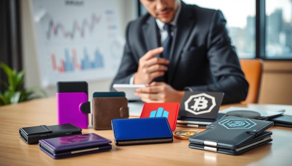 A collection of sleek, modern cryptocurrency wallets, both physical and digital, displayed prominently in the foreground on a clean, minimalist wooden desk. The physical wallets are in various vibrant colors, showcasing RFID-blocking features and high-tech designs, while the digital wallets are depicted as glowing holographic interfaces. In the middle ground, a professional business person, dressed in smart attire, is examining the wallets with a thoughtful expression, highlighting the importance of best practices in crypto security. The background features a softly blurred financial office setting with charts and graphs, emphasizing a sense of professionalism and focus. Soft, natural lighting streams through a nearby window, creating a calm and assured atmosphere suitable for discussing operational best practices.