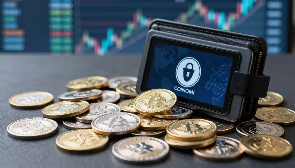 A collection of various coins representing cryptocurrencies supported by Coinomi Wallet, displayed prominently in the foreground. The coins should vary in design and color, showcasing their unique logos and symbols. In the middle ground, a sleek, modern-style digital wallet is partially open, displaying the coins inside, emphasizing security and technology. The background features a subtle, blurred financial-themed setting, such as abstract graphs or digital screens, hinting at the world of cryptocurrency. The lighting should be bright and professional, with a slight focus on the coins to create a vibrant contrast. Capture a mood of innovation and trust, suggesting the importance of secure digital transactions in the dynamic cryptocurrency landscape. A collection of various coins representing cryptocurrencies supported by Coinomi Wallet, displayed prominently in the foreground. The coins should vary in design and color, showcasing their unique logos and symbols. In the middle ground, a sleek, modern-style digital wallet is partially open, displaying the coins inside, emphasizing security and technology. The background features a subtle, blurred financial-themed setting, such as abstract graphs or digital screens, hinting at the world of cryptocurrency. The lighting should be bright and professional, with a slight focus on the coins to create a vibrant contrast. Capture a mood of innovation and trust, suggesting the importance of secure digital transactions in the dynamic cryptocurrency landscape.