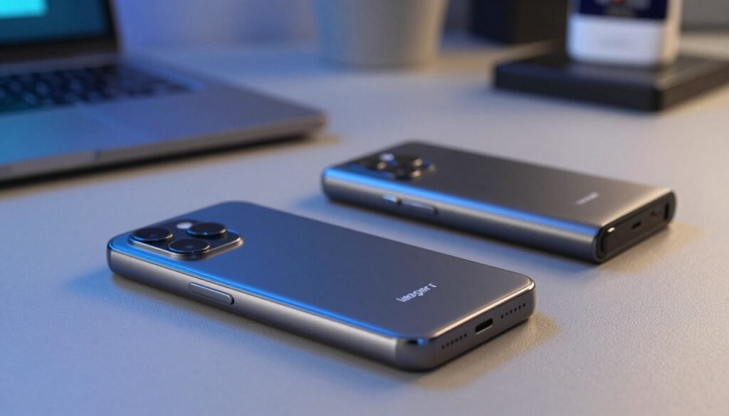 A comparative image of two Ledger Nano devices, the Ledger Nano X prominently in the foreground with its sleek design and detailed features, contrasting with its peers, the Ledger Nano S and another popular hardware wallet, positioned in the middle ground. The background showcases a modern tech environment, with soft-focus elements like a desk and ambient lighting highlighting the sophistication of cryptocurrency security. Utilize natural light for a clean and professional feel, capturing reflections on the devices for a polished look. The angle should be slightly elevated, emphasizing the devices while maintaining clarity on their various features. The mood is serious and informative, conducive to a tech review atmosphere, with a palette of blues and silvers reflecting high-tech aesthetics.