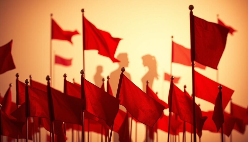 A composition depicting multiple red flags set against a subtle gradient background, conveying a sense of warning. In the foreground, various red flags (both literal and metaphorical) are intricately detailed and arranged, some with symbols representing deception, urgency, and caution. The middle ground features abstract representations of relationships, such as silhouettes of two people facing away from each other, subtly hinting at the concept of emotional manipulation. The background is softly illuminated with a warm glow, creating a contrasting atmosphere of trust and unease. The overall mood should evoke caution, inviting viewers to reflect on the theme of romance scams. Use a soft-focus lens to enhance the dreamlike quality while emphasizing the red flags in sharp detail. A composition depicting multiple red flags set against a subtle gradient background, conveying a sense of warning. In the foreground, various red flags (both literal and metaphorical) are intricately detailed and arranged, some with symbols representing deception, urgency, and caution. The middle ground features abstract representations of relationships, such as silhouettes of two people facing away from each other, subtly hinting at the concept of emotional manipulation. The background is softly illuminated with a warm glow, creating a contrasting atmosphere of trust and unease. The overall mood should evoke caution, inviting viewers to reflect on the theme of romance scams. Use a soft-focus lens to enhance the dreamlike quality while emphasizing the red flags in sharp detail.