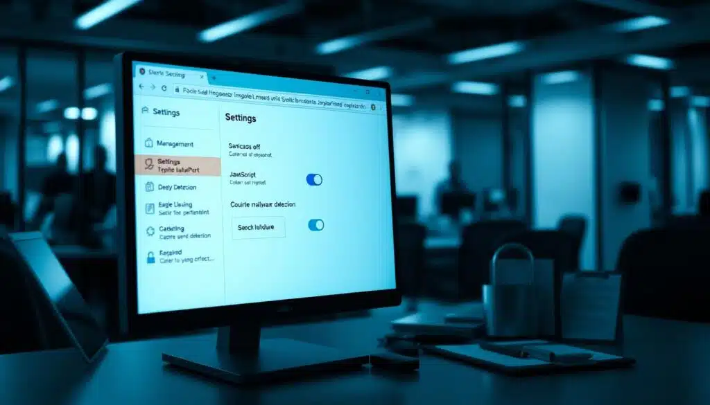 A computer screen displaying browser settings focused on disabling JavaScript, prominently showcased in the foreground. The screen is illuminated with a soft, diffused light, highlighting a settings menu where the JavaScript option is switched off. In the middle ground, an office desk with a sleek laptop and various cybersecurity tools, such as a digital lock and a clipboard with malware detection notes. The background features a blurred view of a modern office environment, suggesting a sense of professional seriousness. The overall mood is one of vigilance and security, with a cool color palette of blues and grays that evokes a high-tech atmosphere. The image should convey a clear focus on cybersecurity measures without any text or distractions.