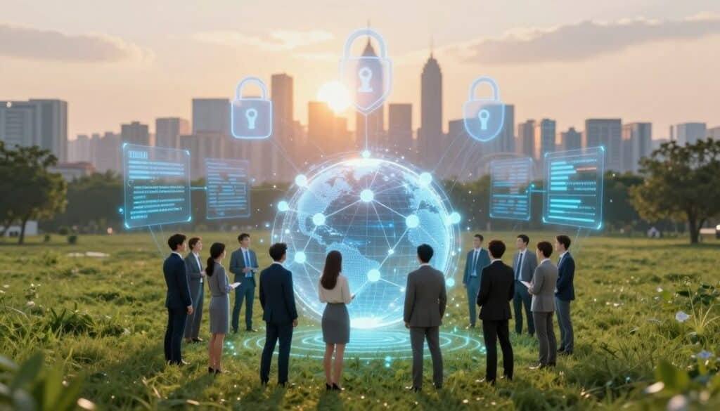 A conceptual illustration of blockchain consensus mechanisms, featuring a vibrant digital landscape. In the foreground, a group of diverse professionals in business attire stand around a holographic globe displaying interconnected nodes, symbolizing decentralized networks. The middle ground showcases floating data streams and interconnected circuits, illuminated with a soft blue glow, emphasizing the complexity of transactions. In the background, a futuristic city skyline merges with abstract shapes representing security and trust, with a dawn-like glow casting warm light over the scene. The mood is innovative and forward-thinking, capturing the essence of technology and collaboration. The perspective is slightly elevated, giving a dynamic view of the interconnected elements, creating a sense of depth and unity.