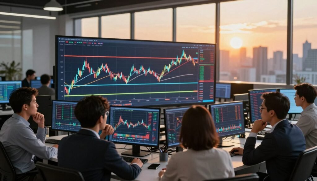 A conceptual illustration of trader psychology focusing on support and resistance levels in cryptocurrency markets. In the foreground, a diverse group of professionals, dressed in business attire, studies graphs and digital currency charts on large screens. Their expressions reflect a mix of focus and contemplation. In the middle ground, detailed line graphs illustrate fluctuating market trends, with clear horizontal lines marking support and resistance levels, highlighted in vibrant colors. The background features a modern trading office filled with high-tech equipment and a large window revealing a city skyline bathed in golden sunset light, creating a sense of optimism and opportunity. The overall mood is analytical and forward-looking, emphasizing the psychological aspects of trading and market behavior.