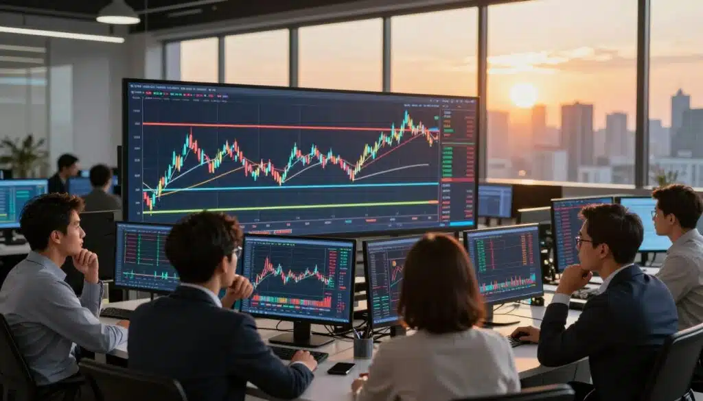 A conceptual illustration of trader psychology focusing on support and resistance levels in cryptocurrency markets. In the foreground, a diverse group of professionals, dressed in business attire, studies graphs and digital currency charts on large screens. Their expressions reflect a mix of focus and contemplation. In the middle ground, detailed line graphs illustrate fluctuating market trends, with clear horizontal lines marking support and resistance levels, highlighted in vibrant colors. The background features a modern trading office filled with high-tech equipment and a large window revealing a city skyline bathed in golden sunset light, creating a sense of optimism and opportunity. The overall mood is analytical and forward-looking, emphasizing the psychological aspects of trading and market behavior.