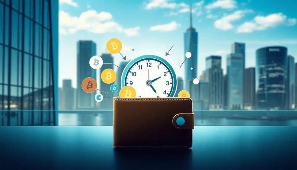 A conceptual illustration representing the concept of the "travel rule threshold" related to cryptocurrency regulations. In the foreground, a stylized digital wallet with various cryptocurrency logos emerging from it, symbolizing data transfer. In the middle, a clock representing timing, interwoven with graphical elements like arrows and lines indicating data flow and recordkeeping. The background should depict a sleek, modern city skyline with a clear blue sky, conveying the global nature of crypto transactions. Soft lighting should highlight the central elements, creating a professional atmosphere. The perspective should be slightly elevated, adding depth, and ensuring a clean, sophisticated look without text or distractions. A conceptual illustration representing the concept of the "travel rule threshold" related to cryptocurrency regulations. In the foreground, a stylized digital wallet with various cryptocurrency logos emerging from it, symbolizing data transfer. In the middle, a clock representing timing, interwoven with graphical elements like arrows and lines indicating data flow and recordkeeping. The background should depict a sleek, modern city skyline with a clear blue sky, conveying the global nature of crypto transactions. Soft lighting should highlight the central elements, creating a professional atmosphere. The perspective should be slightly elevated, adding depth, and ensuring a clean, sophisticated look without text or distractions.