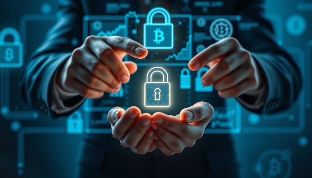 A conceptual image representing the idea of "control" in relation to digital assets. In the foreground, a pair of meticulously arranged hands holding a glowing digital key symbolizing access and ownership. The hands are depicted in professional business attire, exuding confidence and authority. In the middle ground, a futuristic digital interface with floating holographic elements displaying graphs and cryptocurrencies, emphasizing the mechanics of possession and control in the crypto space. The background features an abstract representation of regulatory structures, like digital locks and cryptographic symbols, subtly integrated. Soft, ambient lighting illuminates the scene, creating a serious but innovative atmosphere. The lens perspective captures depth, enhancing the complexity of control in digital finance.