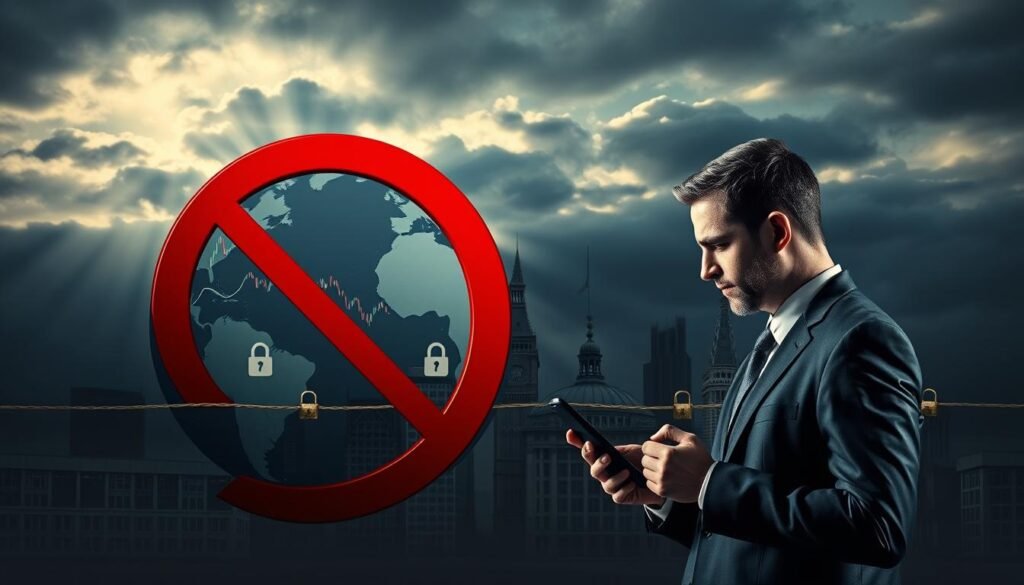 A conceptual representation of "crypto prohibitions" featuring a large red prohibition sign overlaying a globe. In the foreground, a worried businessman in professional attire looks at his phone, displaying a crypto price chart with a downward trend. The middle ground showcases various iconic buildings representing different countries, each with a digital lock symbol chained across them to signify restrictions. The background is a cloudy sky, symbolizing uncertainty, with dark hues and hints of light rays breaking through. The lighting is dramatic, emphasizing the tension and seriousness of the subject. The overall mood conveys a sense of caution and limitation surrounding cryptocurrency use.