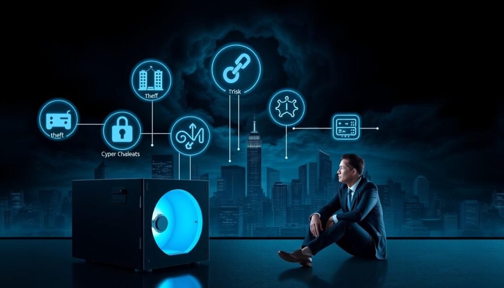 A conceptual representation of "risk" in the context of self-custody regulations. In the foreground, a digital vault is depicted, illuminated with a soft blue glow, symbolizing security. Sitting beside it, a professional individual in business attire looks cautiously at a series of floating holographic icons representing cyber threats, operational challenges, and theft scenarios; each icon distinct, such as a broken chain for theft and a crashing server for operational issues. The middle ground features a dark, looming cityscape with stylized lines connecting these threats to the vault, creating a sense of urgency and tension. The background showcases a swirling storm of data and analytics, implying the chaotic nature of managing risk. The lighting is dramatic, casting shadows that emphasize the weight of these threats, creating an atmosphere of vigilance and caution.